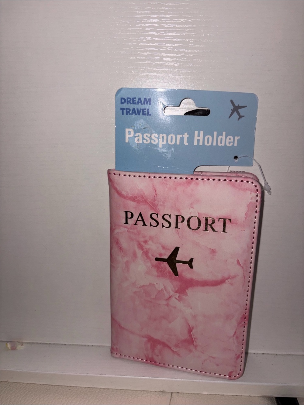 Passport Holder Pink Marble with Gold Airplane Accent